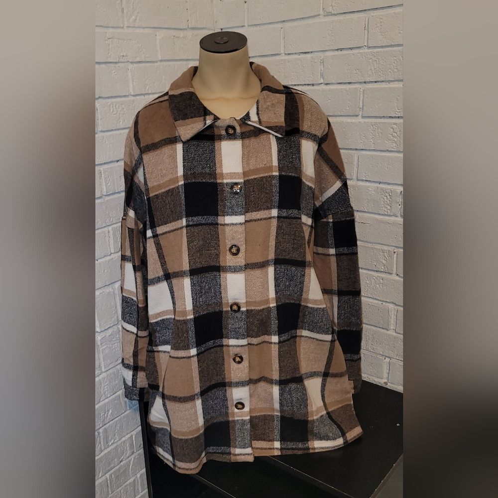 Cozy Plaid Oversized Shacket - Brown, Black & Cream (Size M)